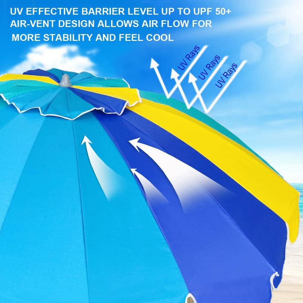 AMMSUN 7.5ft Multicolor Blue portable beach umbrella with beach umbrella sand anchor has air-vent