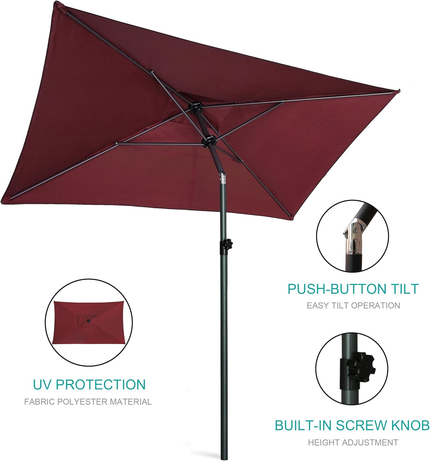 AMMSUN  6.6 x 4.3ft Rectangular Patio table Umbrella,Maroon