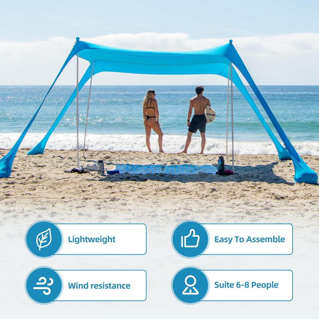 Two people standing under AMMSUN light blue 9x9ft portable lycra beach tent, lightweight and windproof beach canopy