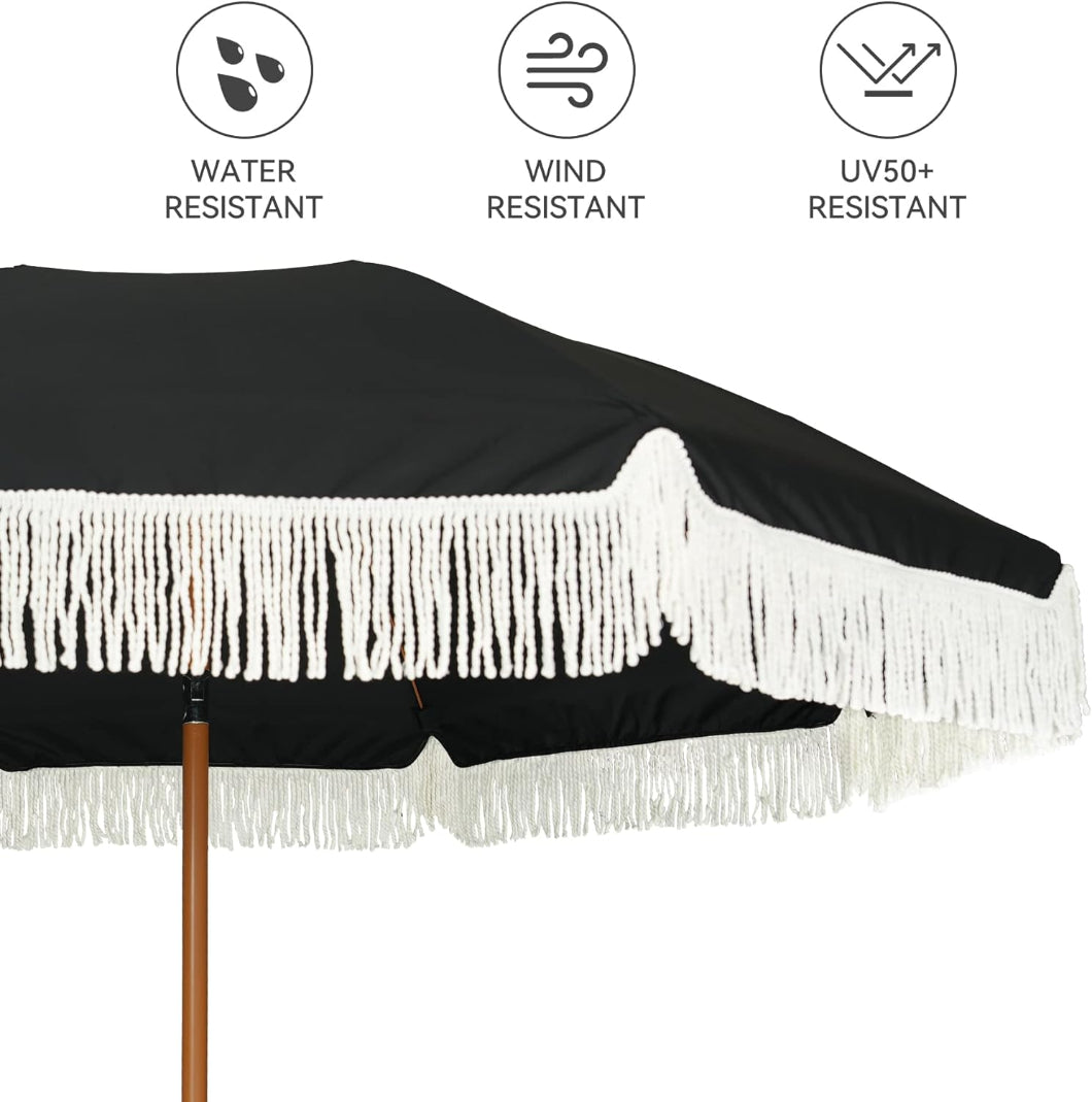 AMMSUN 7ft Noble Black waterproof umbrella with fringe outdoor patio umbrella is wind and uv 50+resistant