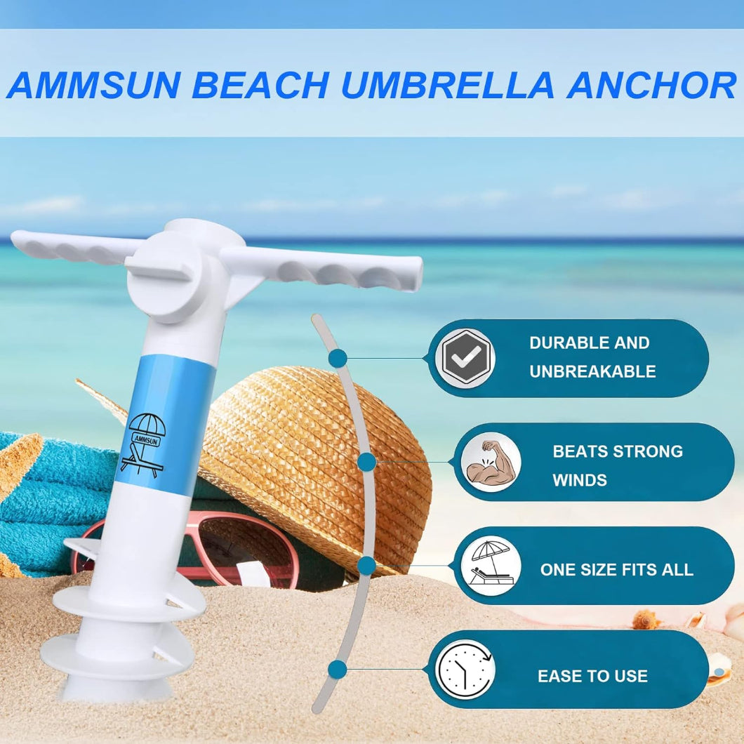 AMMSUN white beach umbrella sand anchor can beat strong winds with 5 spiral screw, and one size fits all beach umbrella