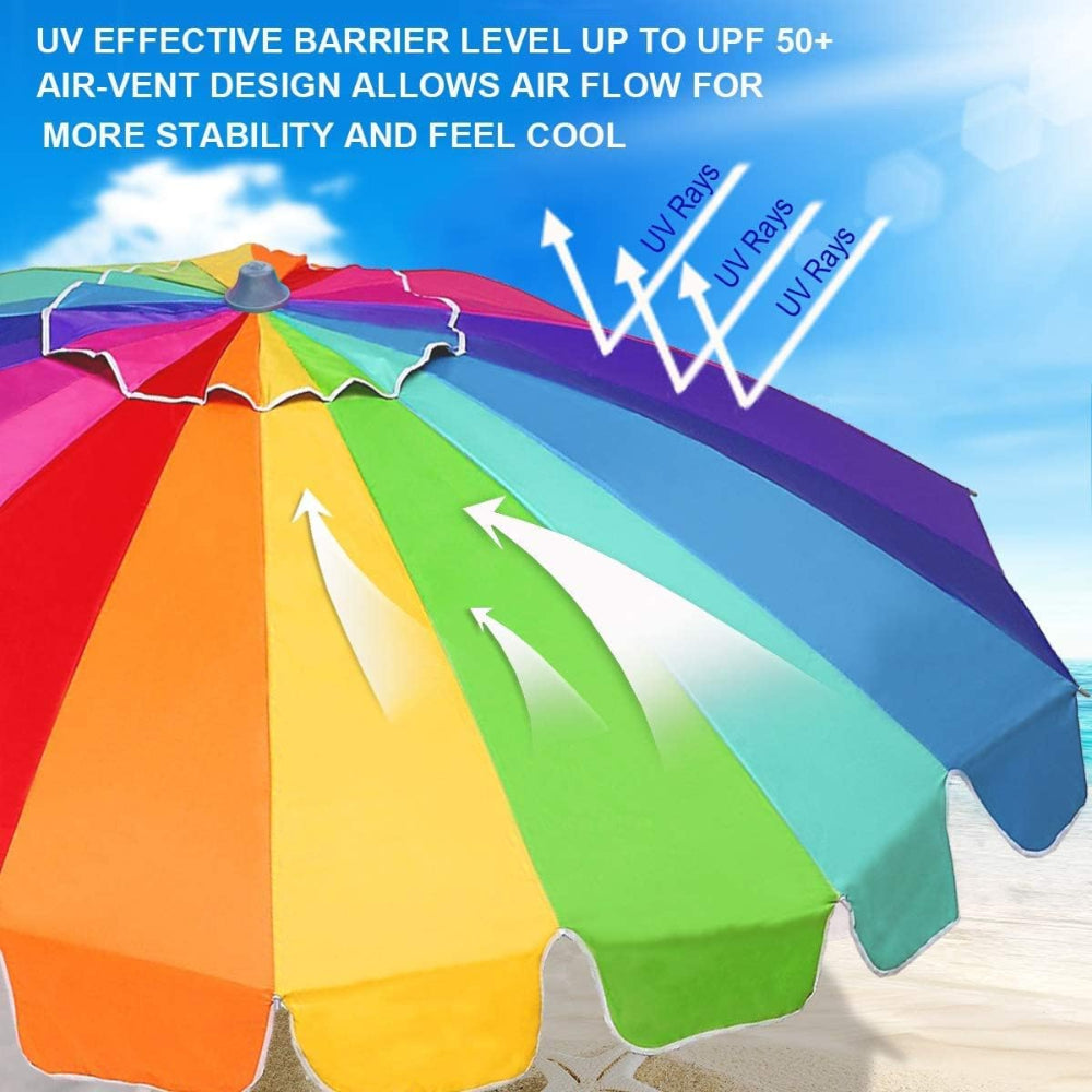 AMMSUN 7.5ft beach umbrella with sand anchor, rainbow wind resistant umbrella uv protection has air-vent