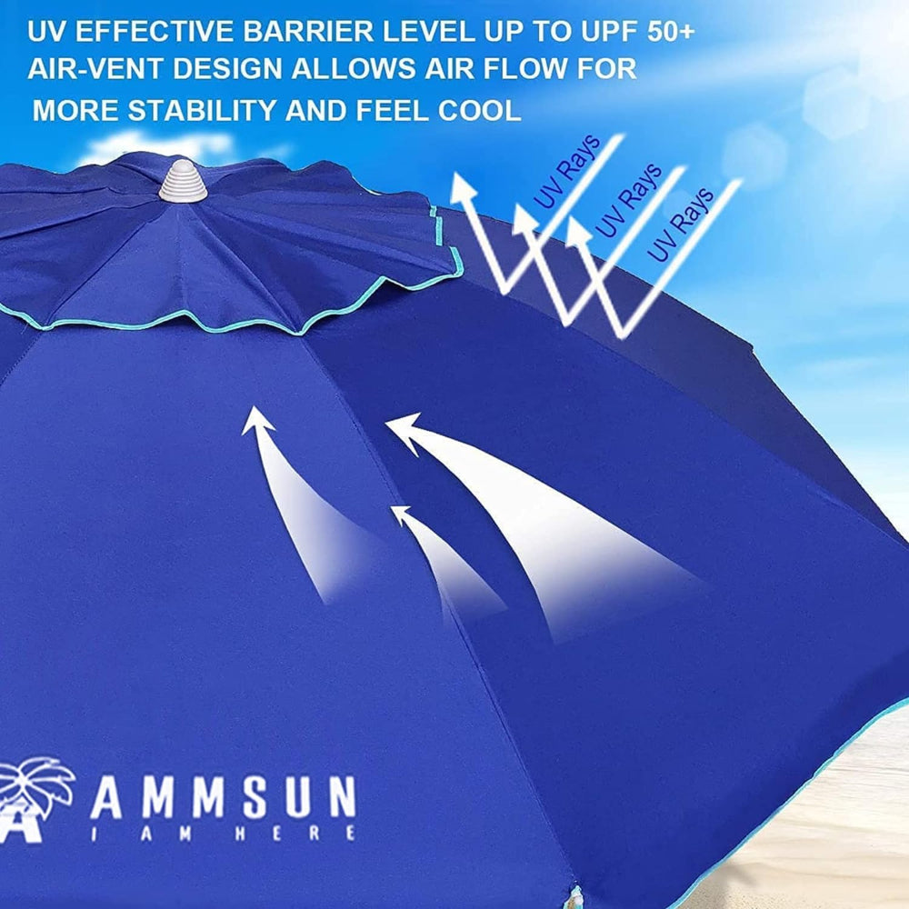 AMMSUN 6.5ft blue big umbrella for beach for picnic umbrella with UPF 50+ and air-vent design