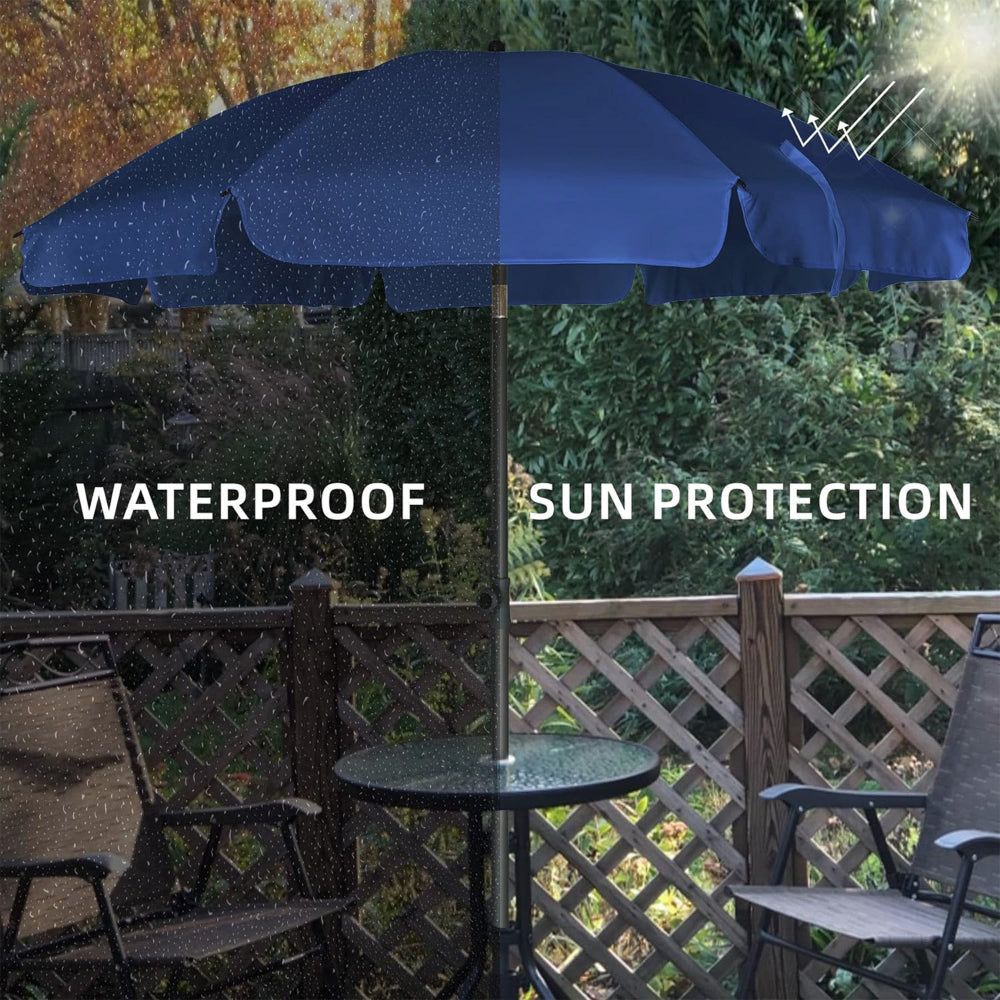 The AMMSUN 6.5ft navy blue backyard umbrella with base umbrella for patio offers UV protection and is waterproof