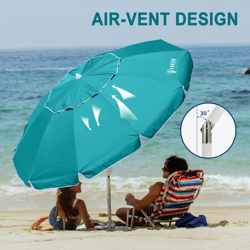 Two people relaxing under AMMSUN teal 8ft outdoor umbrella with sand anchor for umbrella for beach