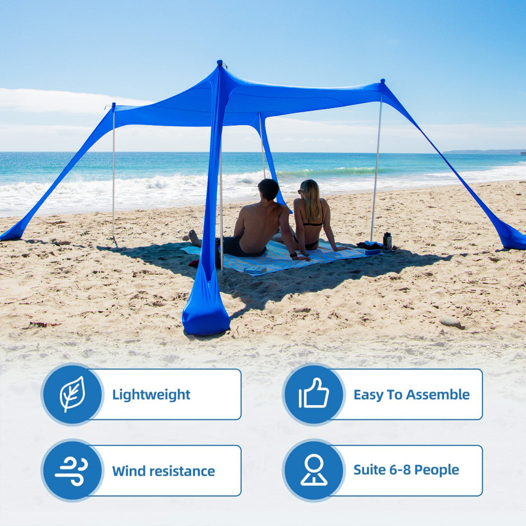 Two people sitting under AMMSUN 9x9ft portable lycra beach tent, lightweight and windproof 6-8 person canopy