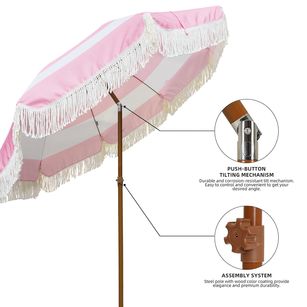 AMMSUN 7ft riviera pink stripe fringe table umbrella outdoor patio with tassel umbrella has tilt and height adjustment knob