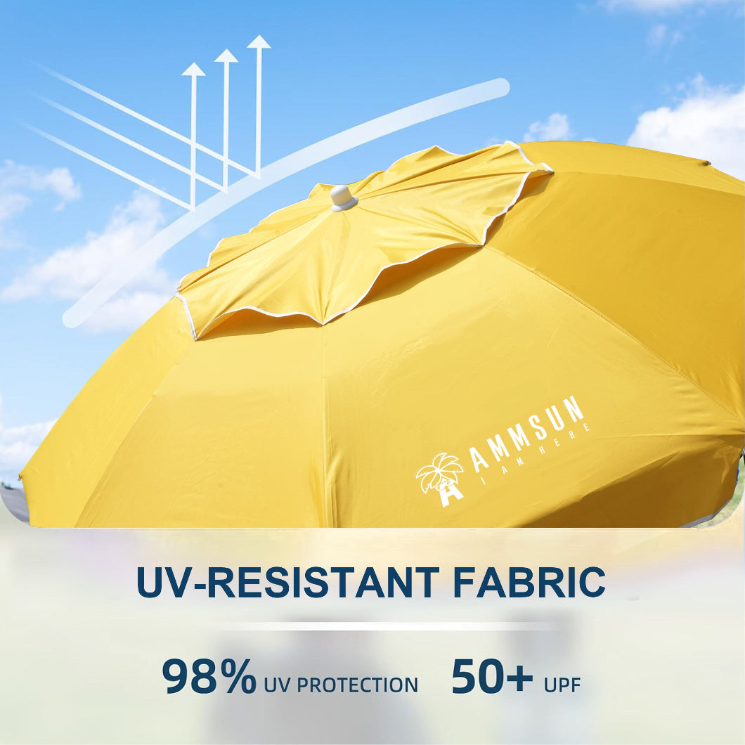 AMMSUN yesllow 6.5FT protable sports beach umbrella using 50+ UPF fabric, blocking 98% uv for outdoor activities.