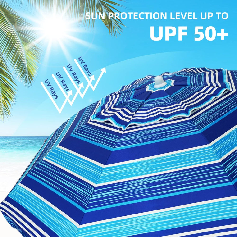 AMMSUN 6.5ft blue stripes picnic umbrella portable umbrella for beach has sun protection level up to UPF50+