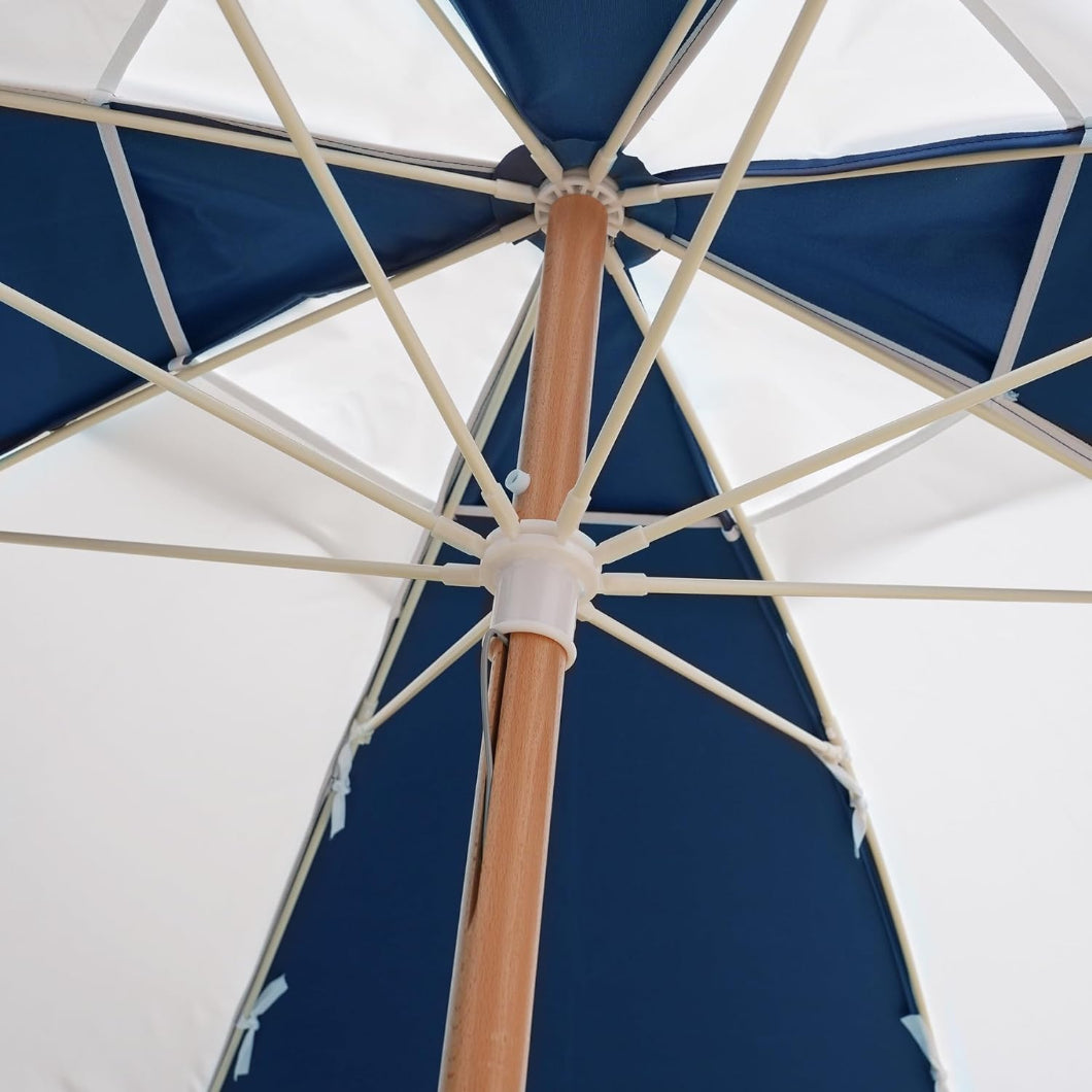 AMMSUN 7.5ft Commercial Grade beach shade umbrella,Dark Blue/White with wood pole, has 8 fiberglass ribs