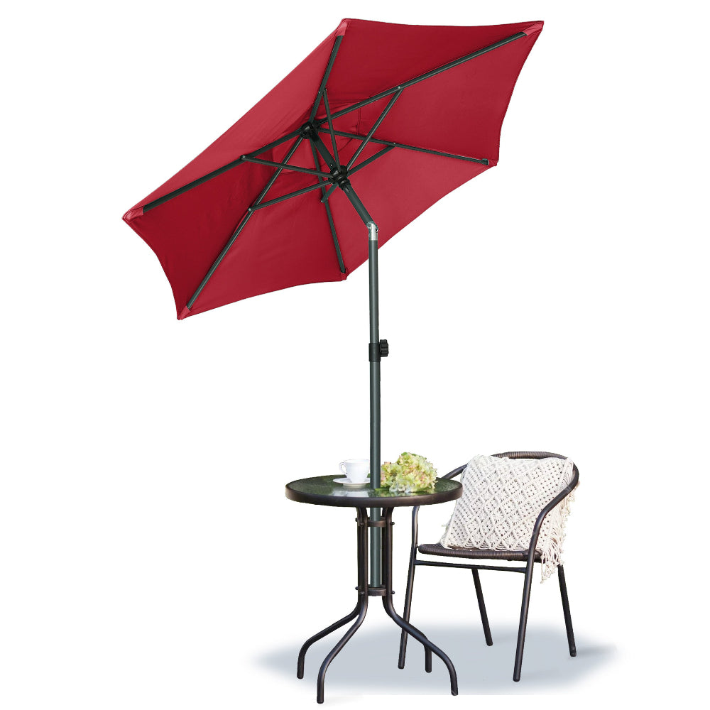 A table and a chair with AMMSUN 6ft red uv umbrellas for sun protection patio umbrellas on sale