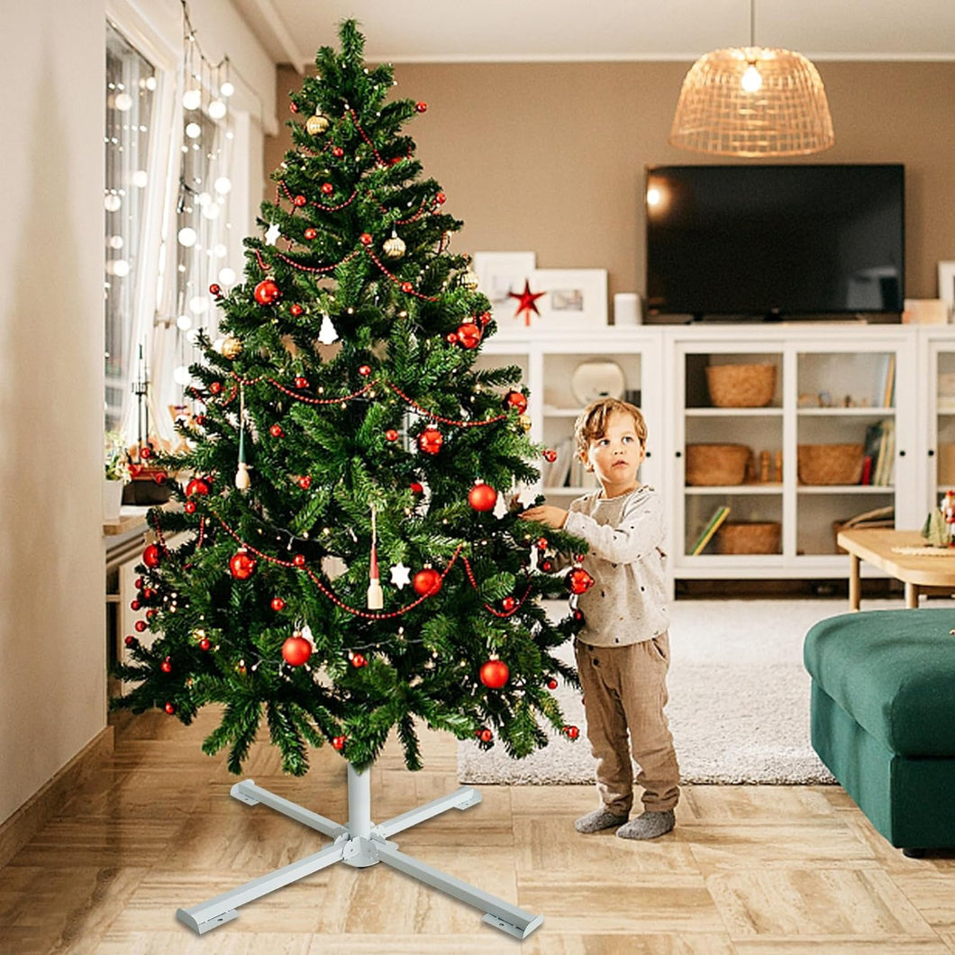 A child standing next to a Christmas tree secured by AMMSUN four folding legs patio umbrella stands & bases