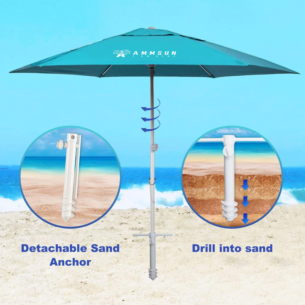 AMMSUN 8ft teal heavy duty beach umbrella with detachable sand anchor making it drill into sand easily