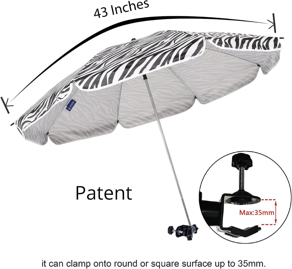 AMMSUN 43 inches zebra portable shade umbrella for chair with patent clamp up to 35mm thickness