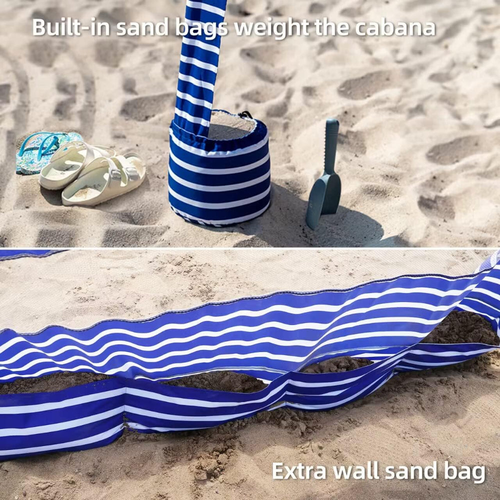 AMMSUN 6.2'×6.2' Siesta Stripe beach cabana tent with privacy sunwall, extral wall and built-in sand bags