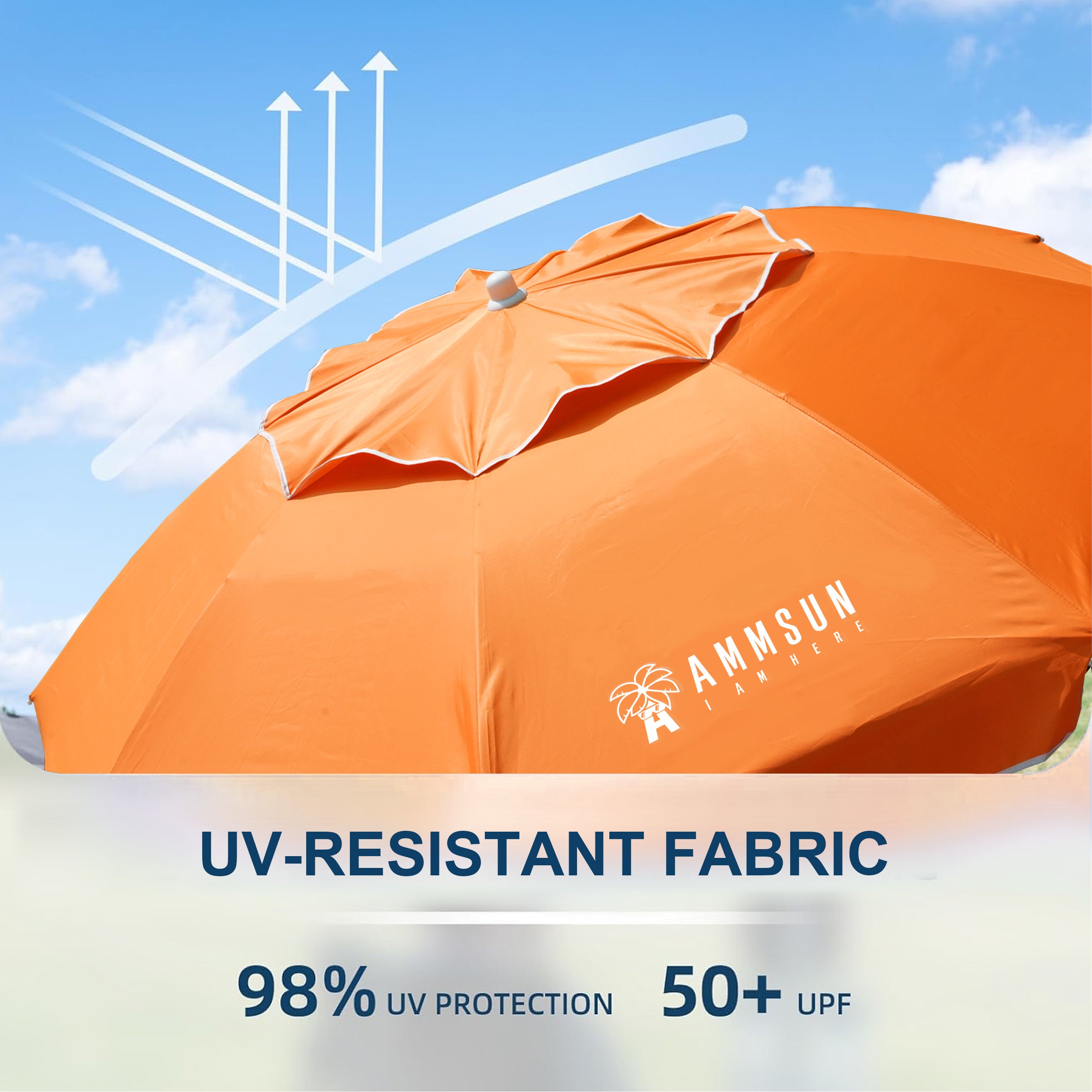 AMMSUN 6.5ft vibrant orange portable umbrella made of 98% UV resistant fabric for outdoor sun shades