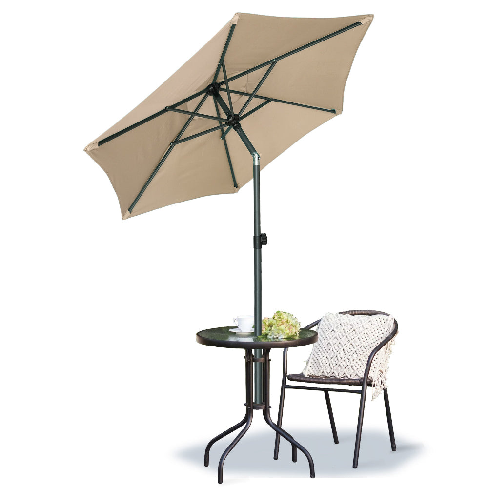 AMMSUN 6ft tan sun umbrella patio
 provides shade over a patio table with umbrella and chair