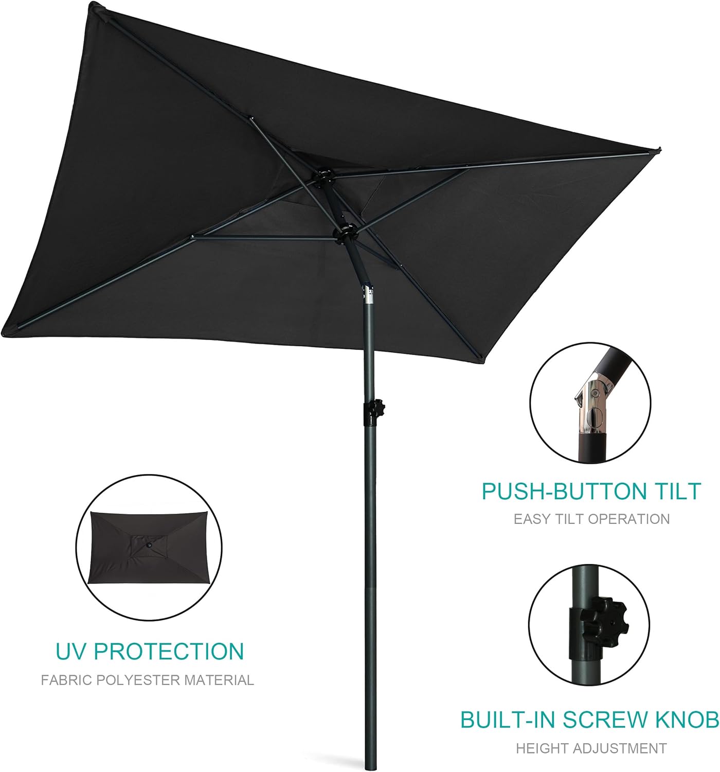 AMMSUN  6.6 x 4.3ft Rectangular Patio table Umbrella,Black