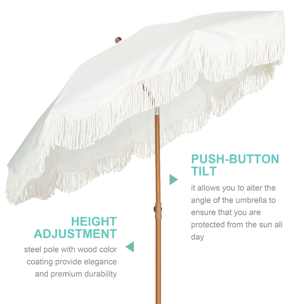 AMMSUN 6.5ft white Boho Fringe porch umbrella outdoor for beach with tilt and knob for height adjustment