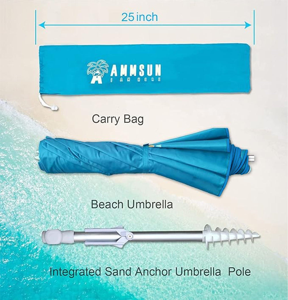 AMMSUN 6ft light blue portable beach umbrella, featuring a 25inch carry bag and integrated sand anchor pole.