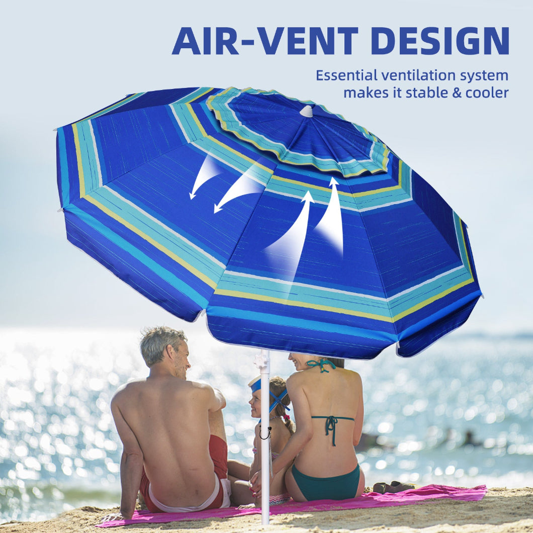 A family relaxing together under AMMSUN 8ft blue stripes portable umbrella air-vent with sand anchor