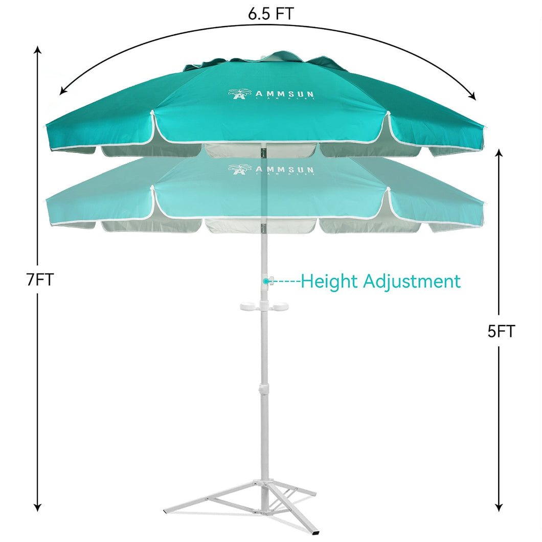 AMMSUN 6.5ft turquoise portable beach umbrellas for sand with satnd, with height adjustment, from 5ft to 7ft high