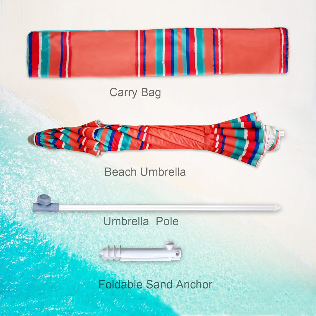 AMMSUN 7ft Red Solstice sun umbrella uv protection has a white pole, a carry bag and a foldable sand anchor