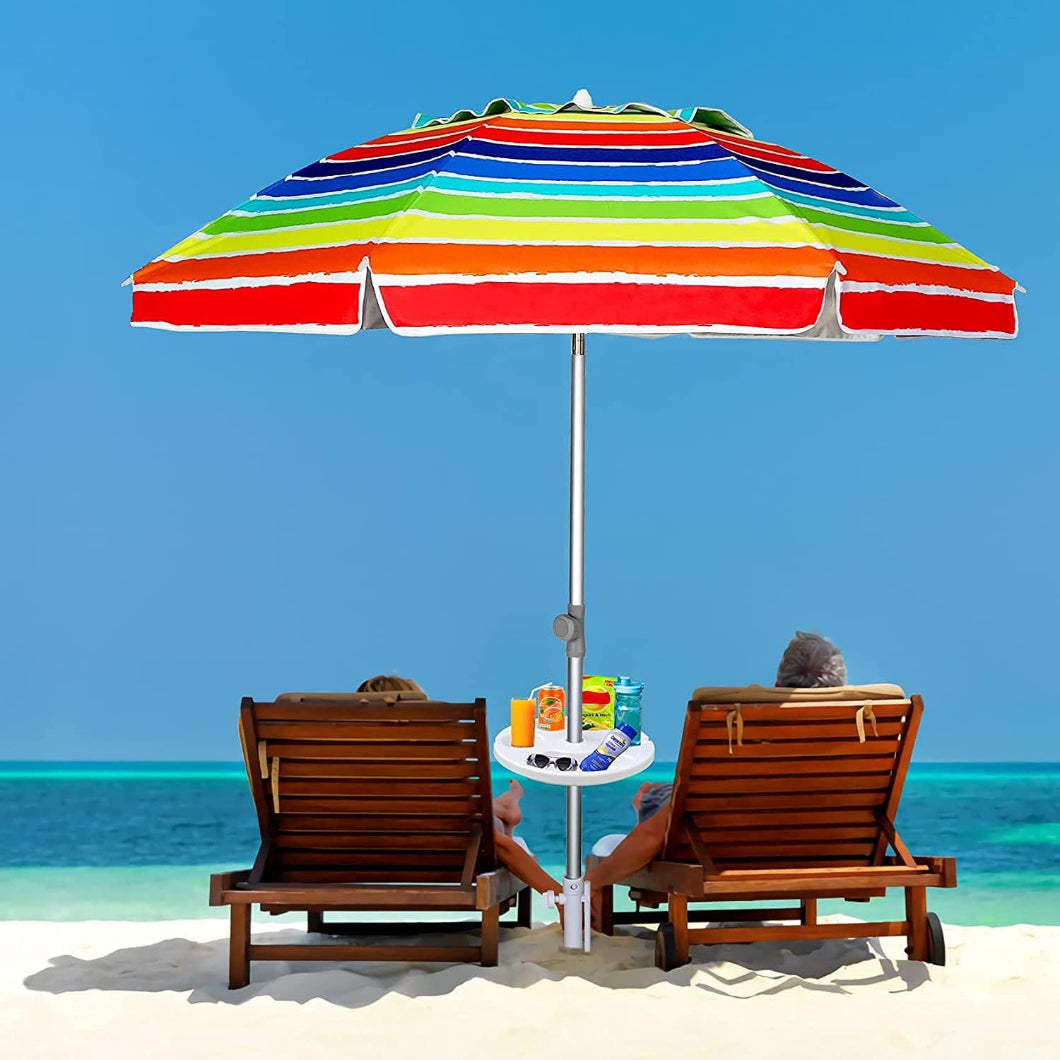 Two people are sitting under and colorful beach unberlla with AMMSUN 13