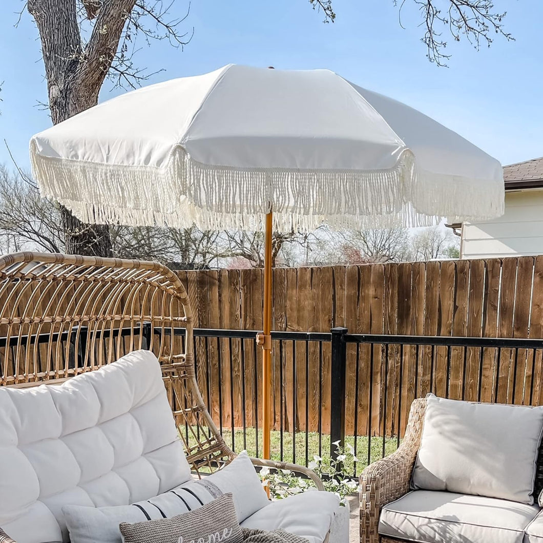 AMMSUN 7ft elegant cream patio umbrellas on sale with fringes, highlighting a unique design element