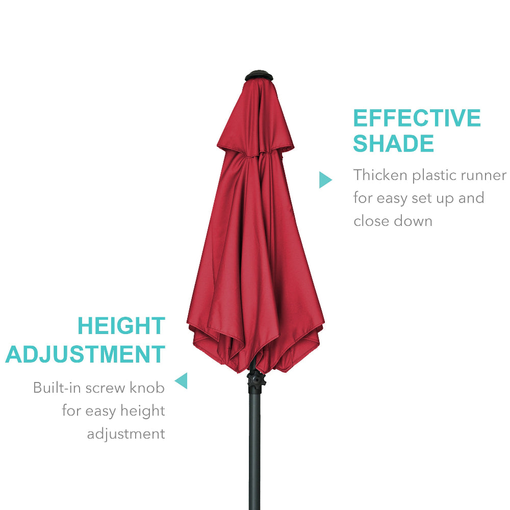 The AMMSUN 6ft red outdoor plants umbrella patio features a thick plastic runner and height adjust knob