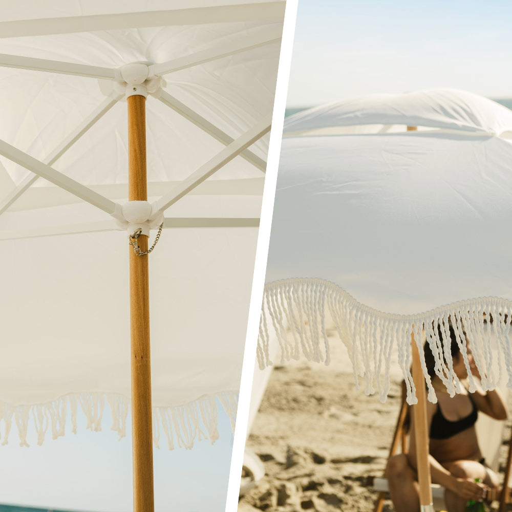 AMMSUN 6'×6' Bobo beach cabana canopy with Fringe, Elegant white beach tent with white fringe beach umbrella with sturdy frame