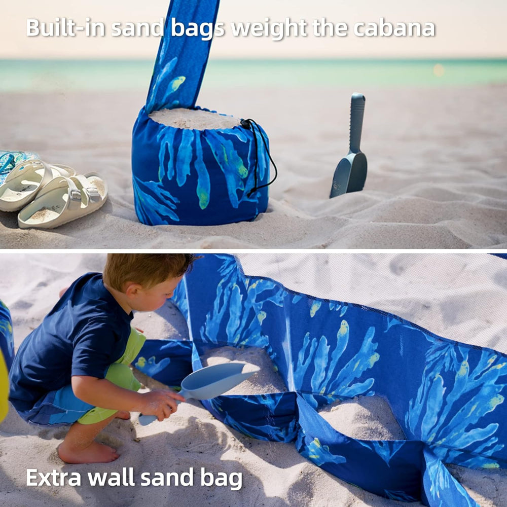 A child using sand shovel to fill the sand bags with sand to weight the AMMSUN 6.2'×6.2' beach cabana pop up canopy with sun wall