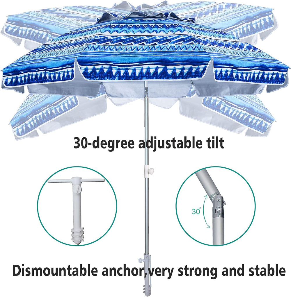 AMMSUN 6.5ft manhattan wave beach umbrella for sand with sand anchor with 30-degree adjustable tilt