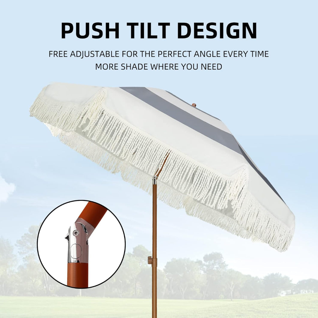 AMMSUN 7ft grey stripes fringe picnic table umbrella has push tilt design for the perfect angel