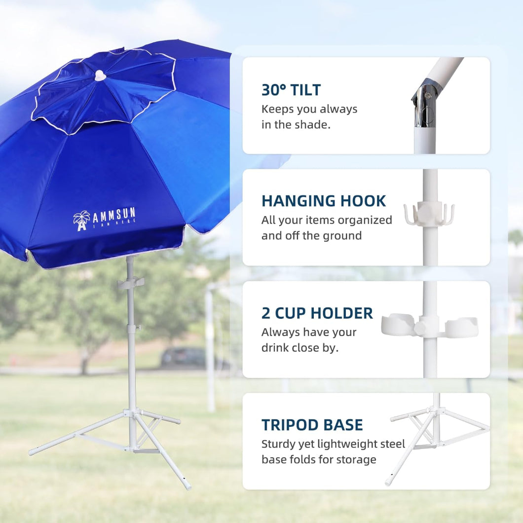 AMMSUN 6.5ft blue tree stand umbrella with tilt adjustment, cup holder, and tripod base, displaying instructions for optimal use.