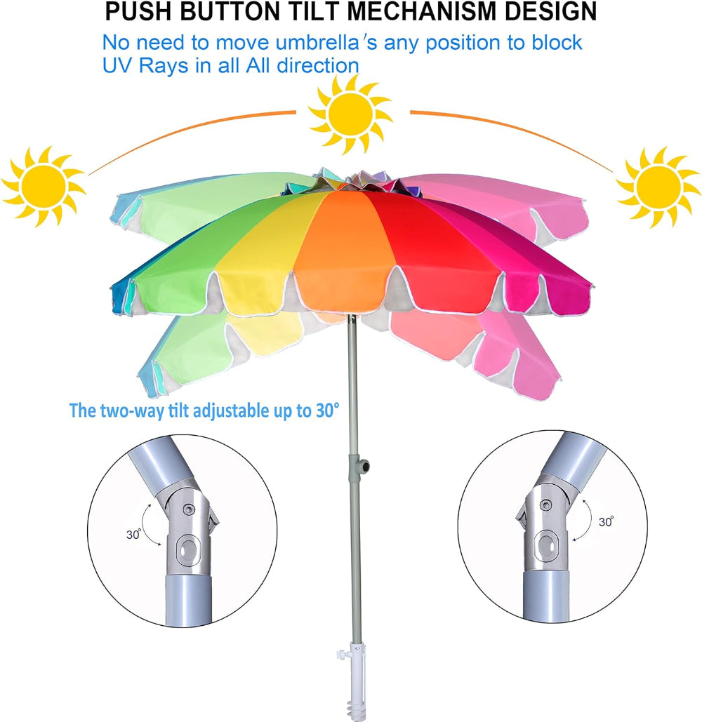 AMMSUN 7.5ft rainbow beach umbrella outdoor patio with sand anchor has the two-way tilt adjustable up to 30°