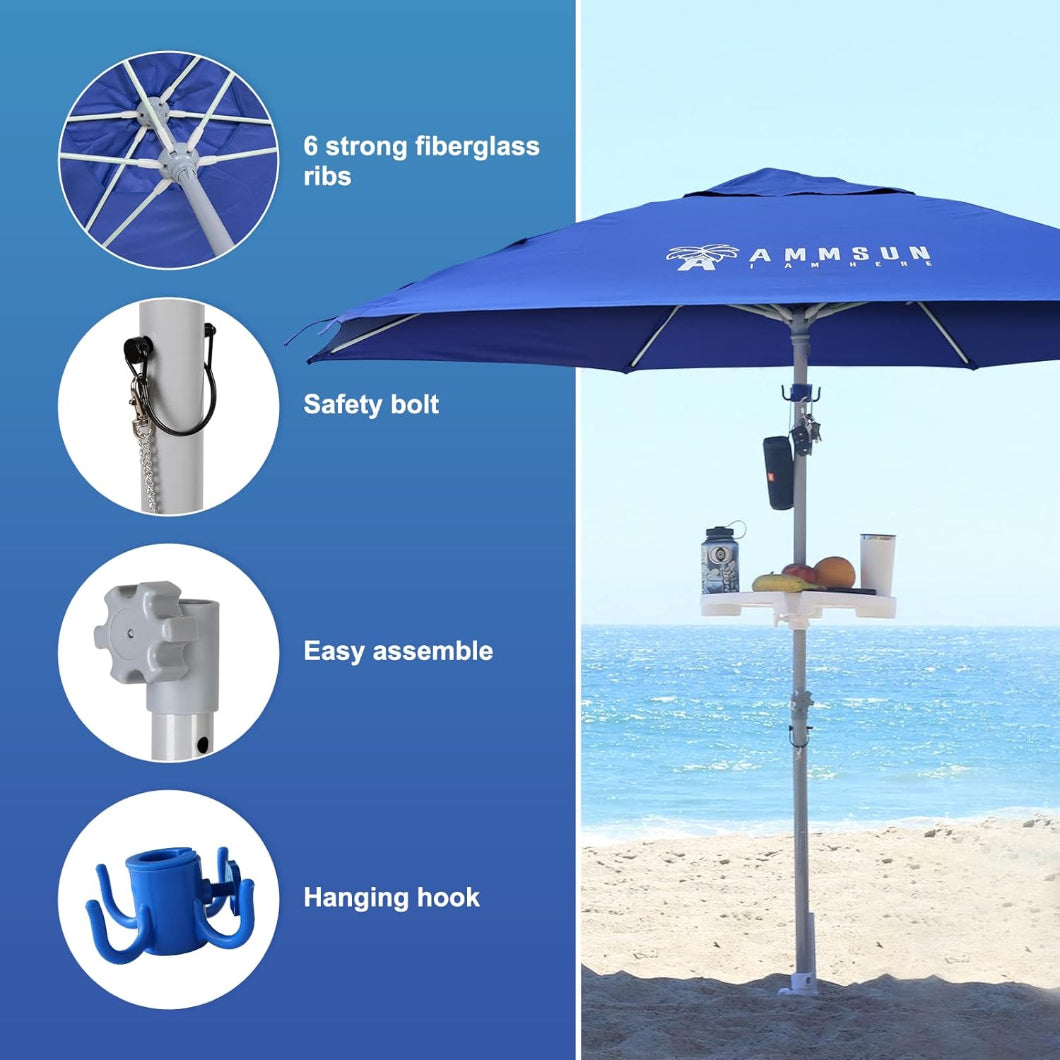 AMMSUN 8ft blue work umbrella heavy duty construction with sand anchor, 6 strong fiberglass ribs has a safety bolt and hook