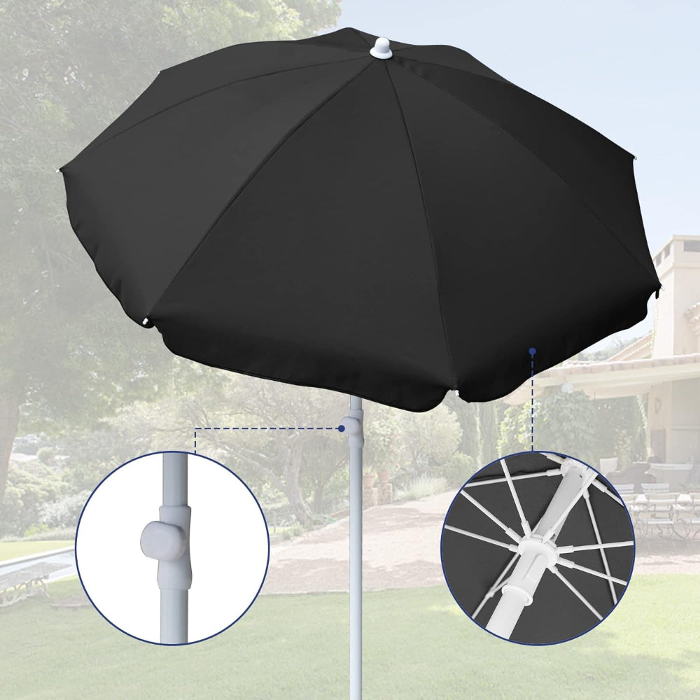 A black AMMSUN 6ft mini portable sun shade umbrella equipped with a height adjustment knob and fiberglass ribs