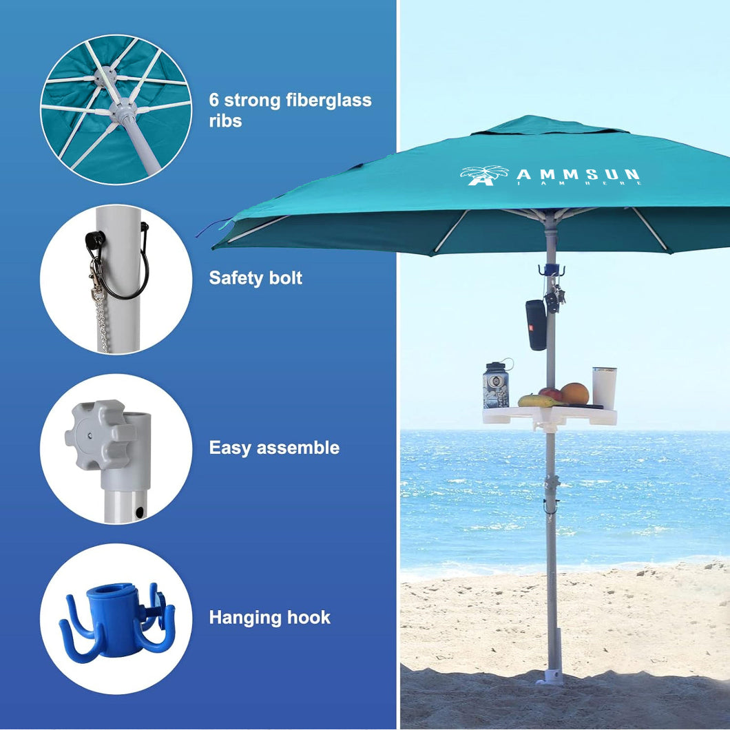 AMMSUN 8ft teal heavy duty beach umbrella with sand anchor with 6 strong fiberglass ribs has a safety bolt and hook