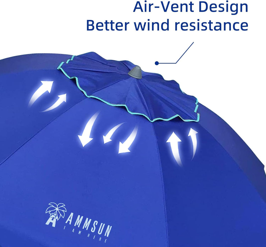 AMMSUN 7ft blue uv umbrellas for sun protection with sand anchor and beach table has air-vent for wind resistance