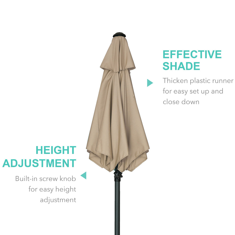 The AMMSUN 6ft tan table umbrellas for outside features a thick plastic runner and height adjust knob