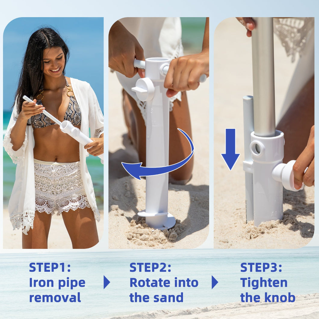 Using AMMSUN patent sand anchor for umbrella, in 3 steps: iron pipe removal, rotate anchor into sand and tighten knob