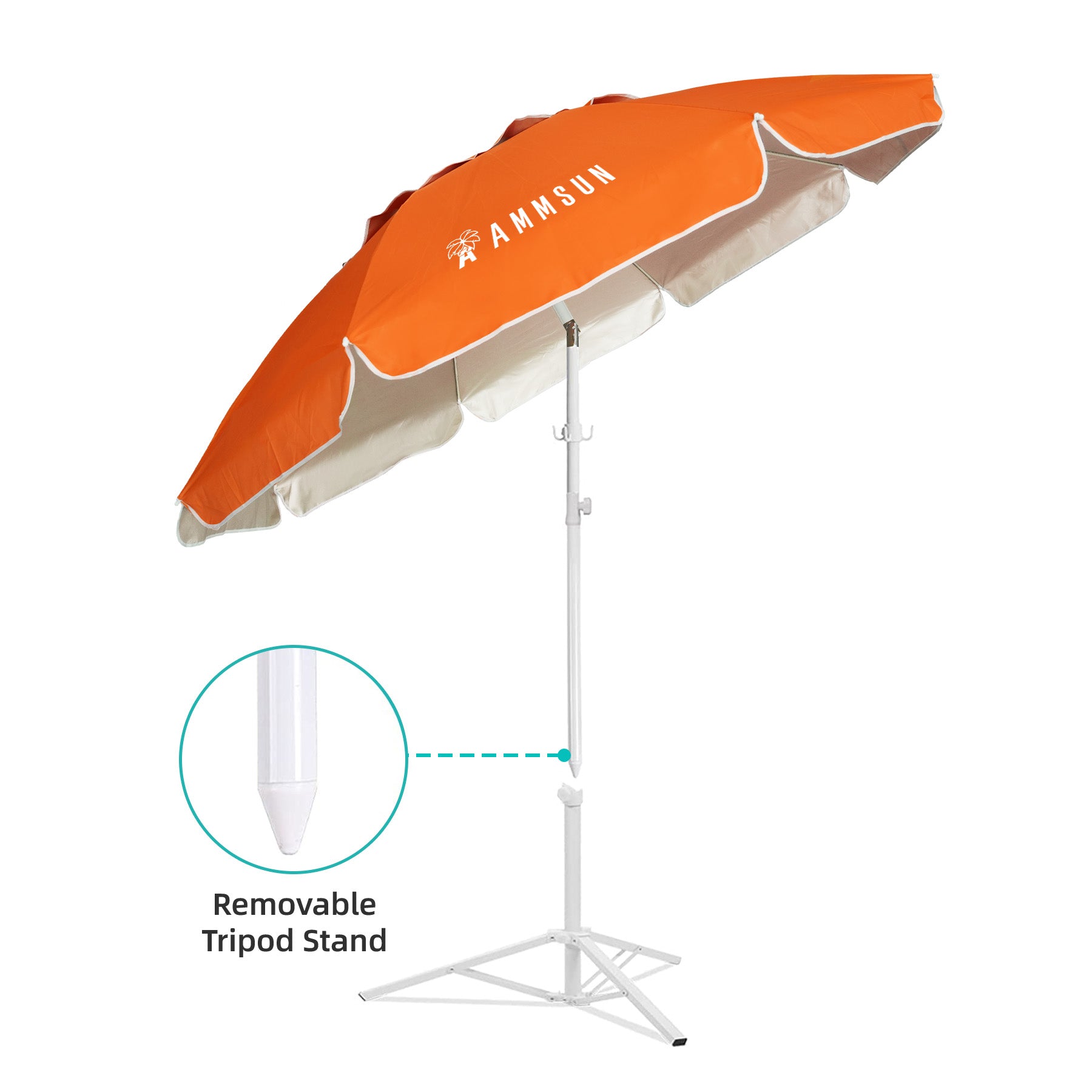 AMMSUN 6.5ft orange beach umbrellas for sand heavy duty wind portable with white removable tripod stand