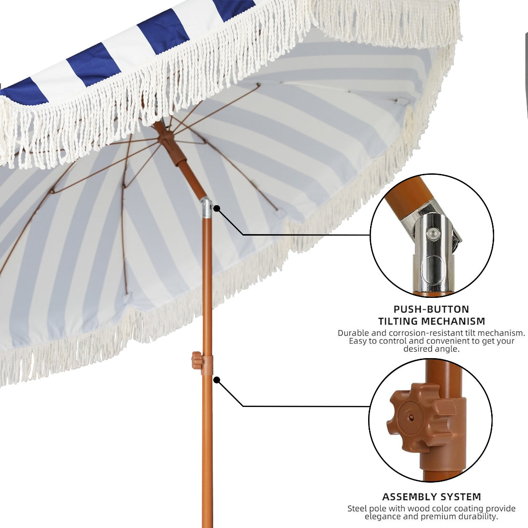 AMMSUN 7ft blue stripe fringe boho patio furniture umbrella outdoor patio with tilt and height adjustment knob