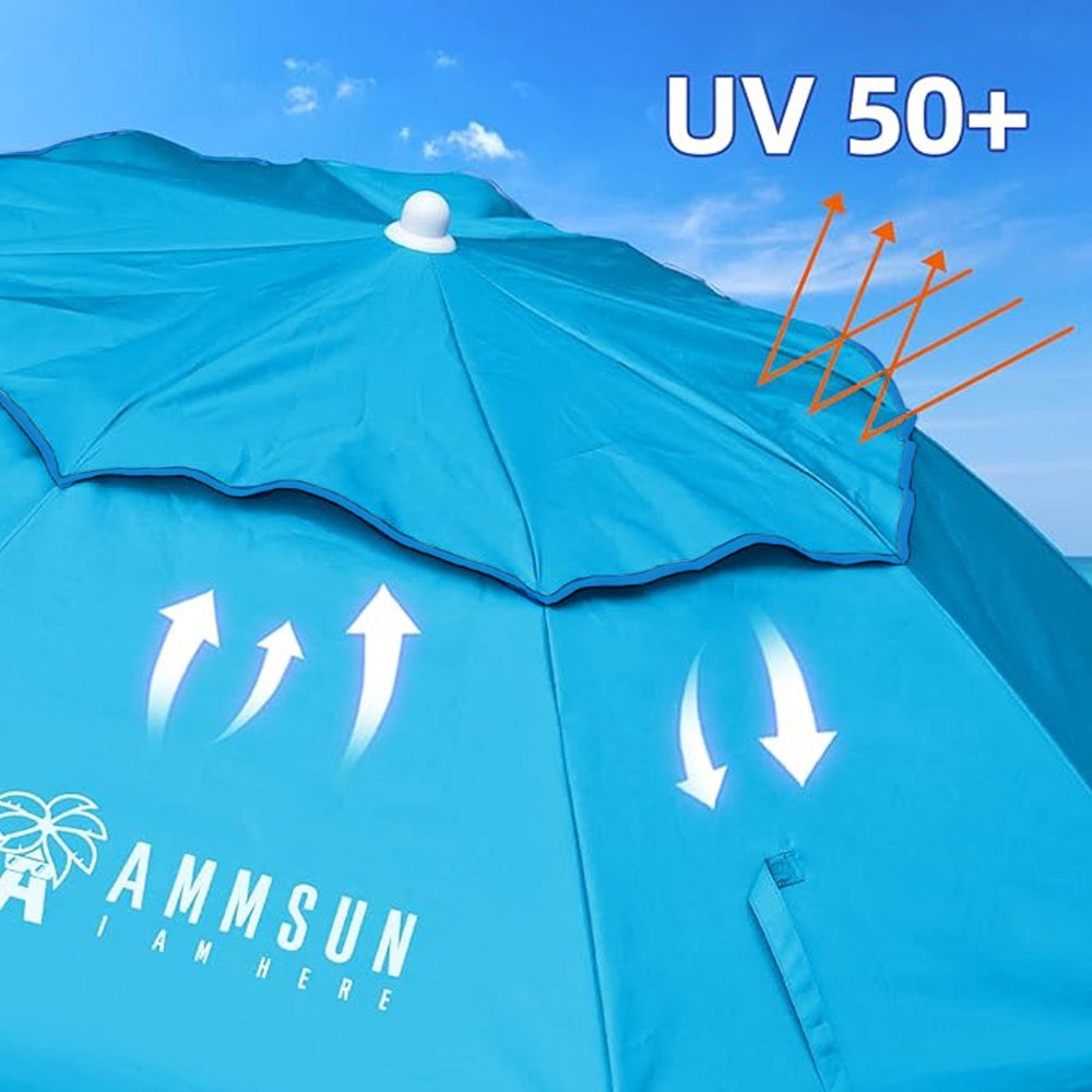 AMMSUN 6.5ft light blue portable travel beach umbrella with sand anchor made of UPF 50+, with air-vent for stability