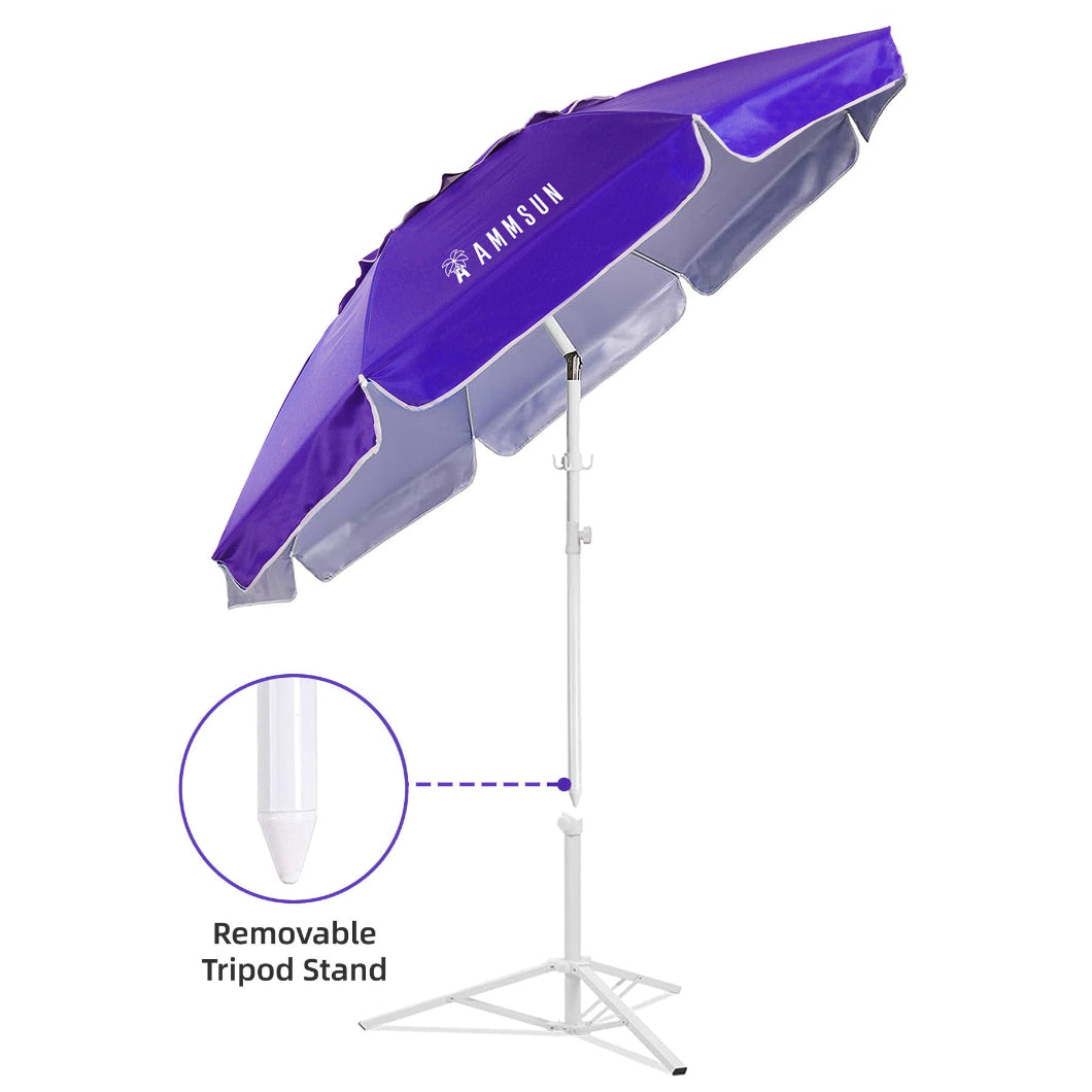 AMMSUN 6.5ft purple sport brella with a white pole, featuring a tilt function and a removable white umbrella stand.