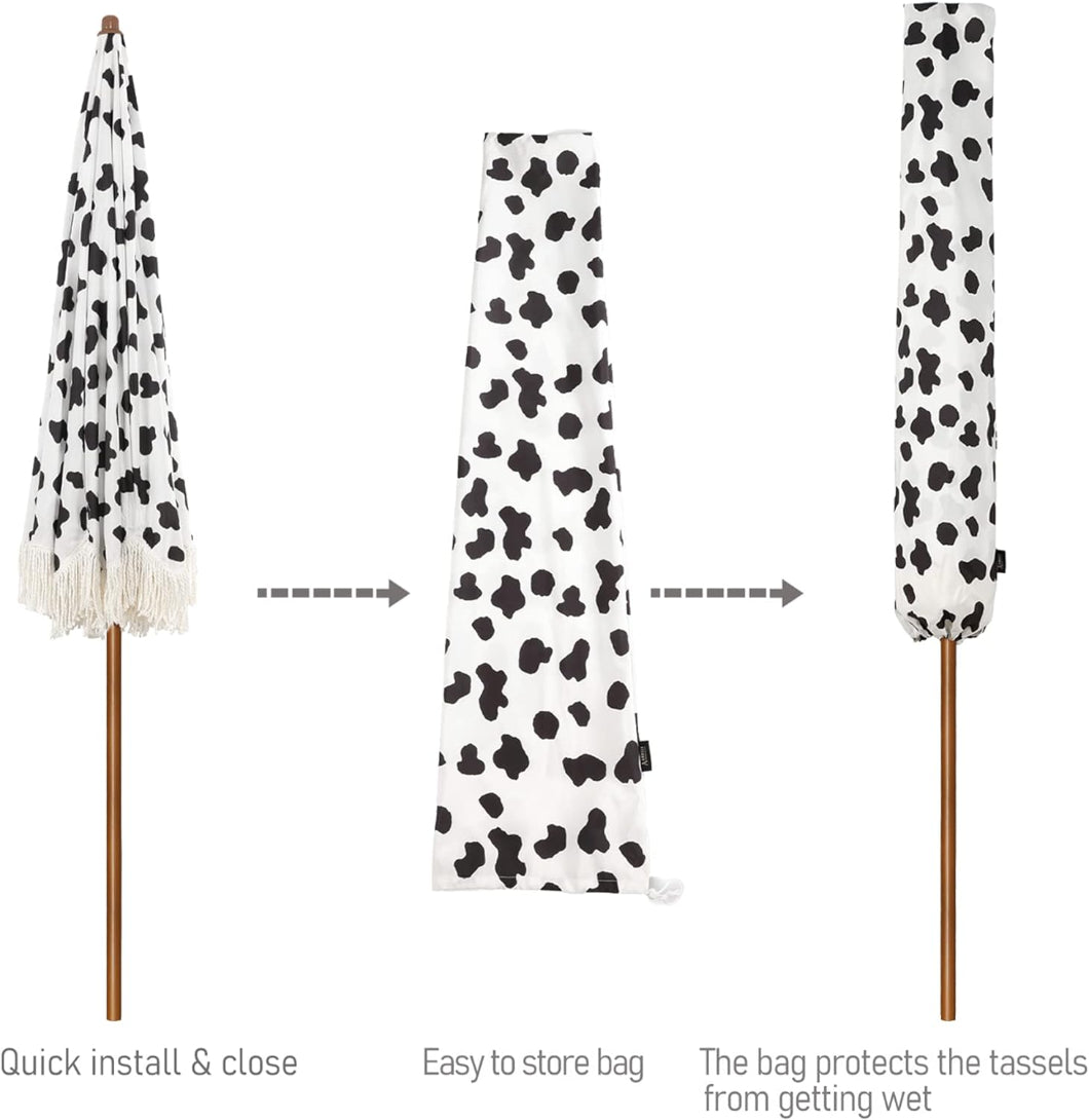 After closing the AMMSUN 7ft Cow Polka Dots fringe patio umbrella, preventing tassels from getting wet by bag