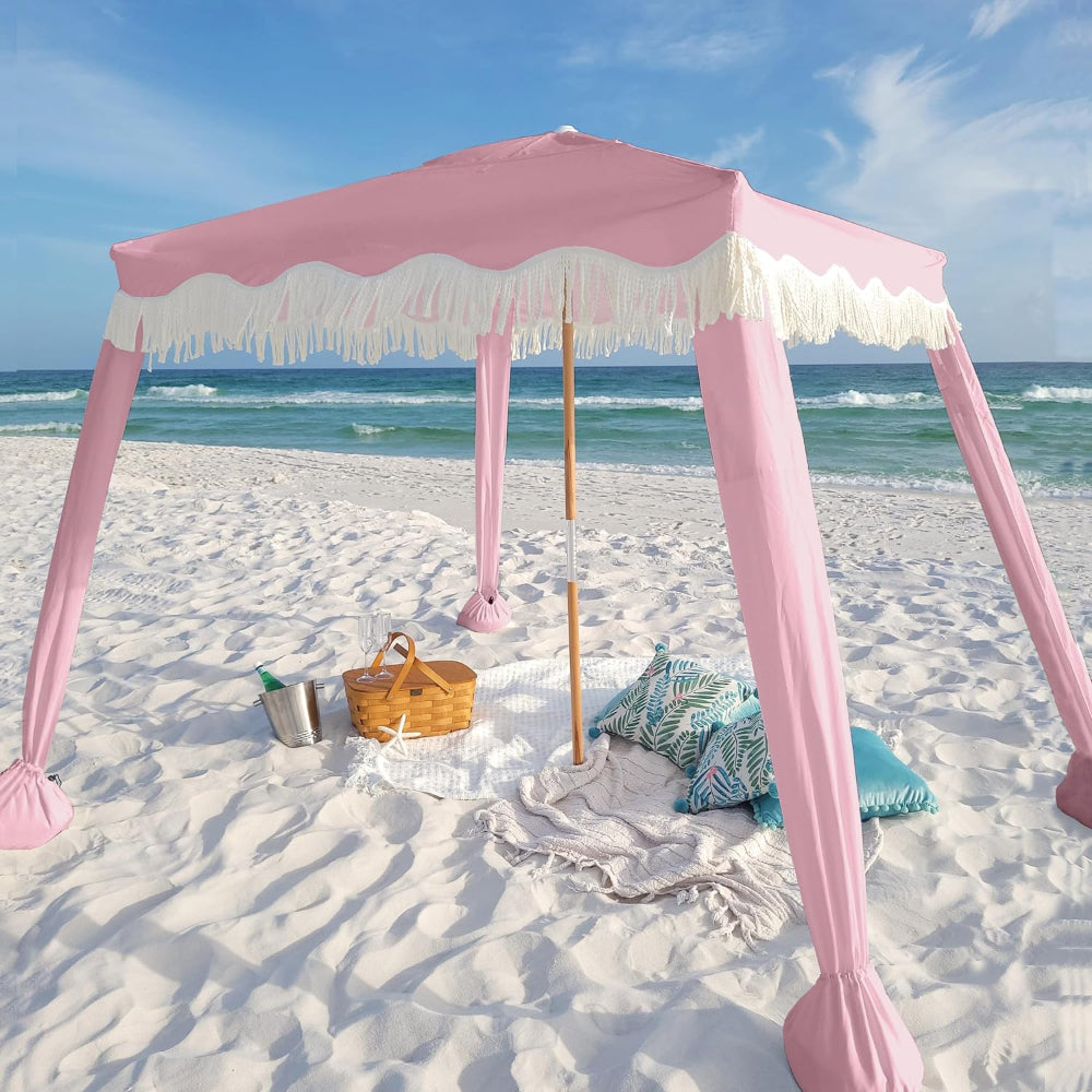 AMMSUN 6'×6' Bobo Beach Cabana large beach tent with Fringe, Gentle pink tent canopy