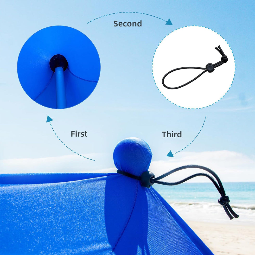 3 steps to secure AMMSUN 9x9ft blue portable lycra beach tent canopy with pole by rubber bands