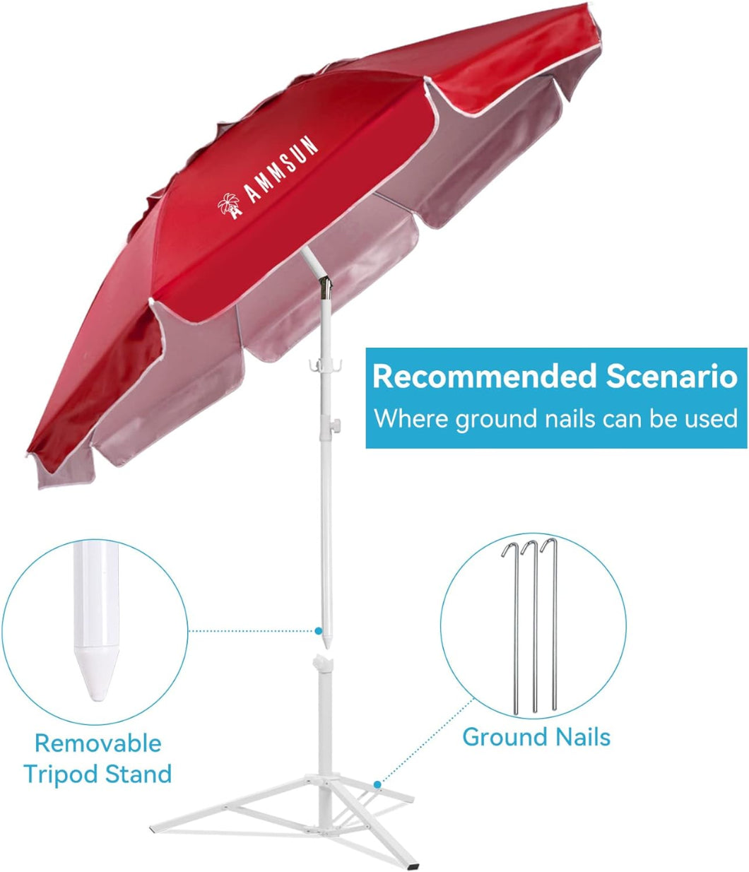 AMMSUN 6.5ft red portable umbrella with a white background, supported by a white pole and a tripod stand